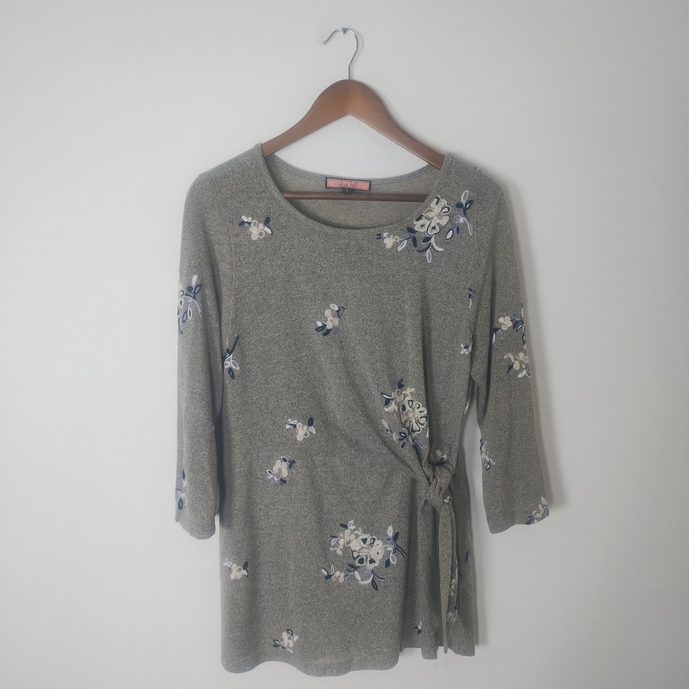 Olive Hill Floral Embroidered Top Women's Large Grey Side Tie Boho Cottage